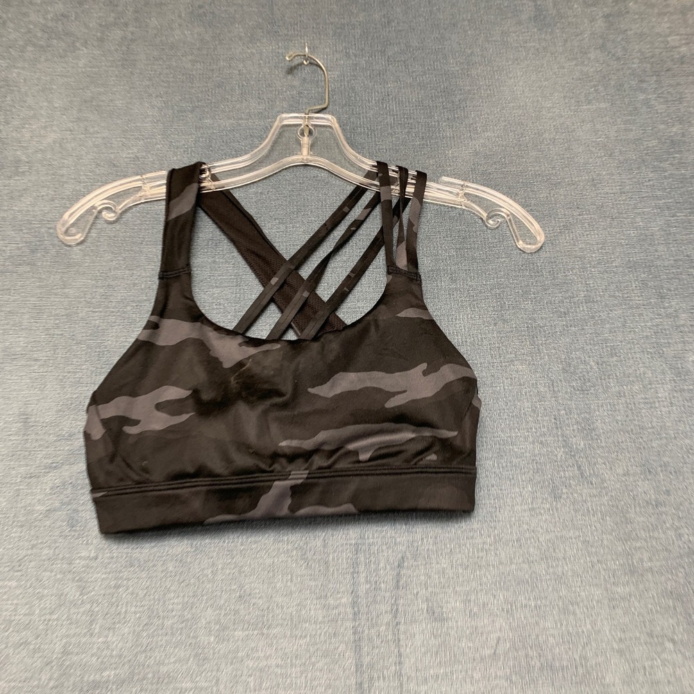 Athleta Sports Bra Womens Small Black Gray Camouflage Strappy Back Performance